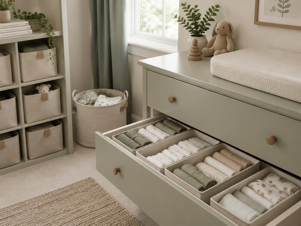 Nursery drawers and baskets organised and ready for a new baby